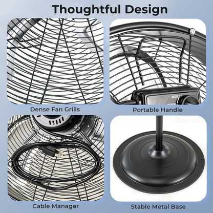 20 Inches High Velocity Pedestal Fan with 3 Speeds and Adjustable Height-Black