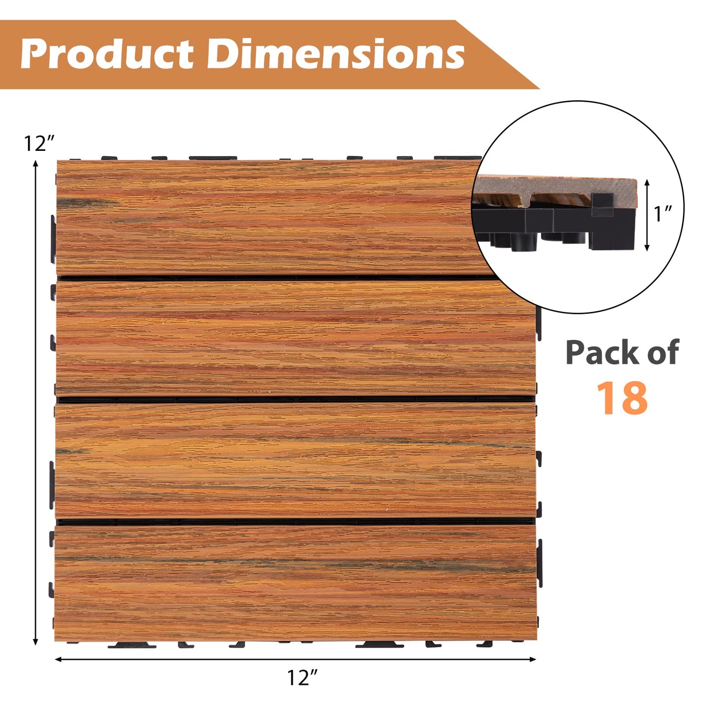 18 Pieces 12 x 12 Inch Interlocking Deck Tiles for 1.7„é° Total Splicing Area-Brown