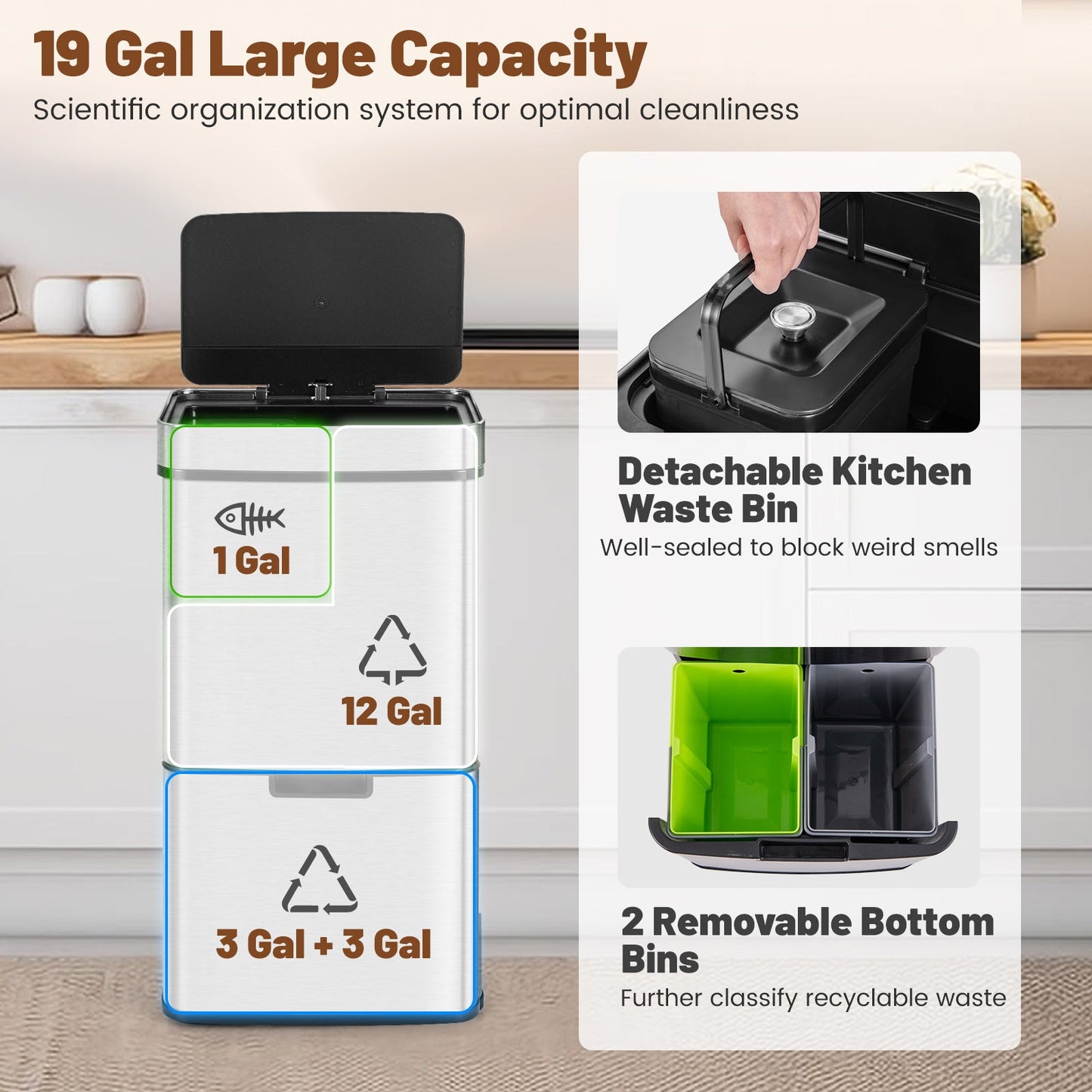19 Gal Stainless Steel Trash Can with Kitchen Waste Bin and 2 Bottom Recycling Bins-Silver