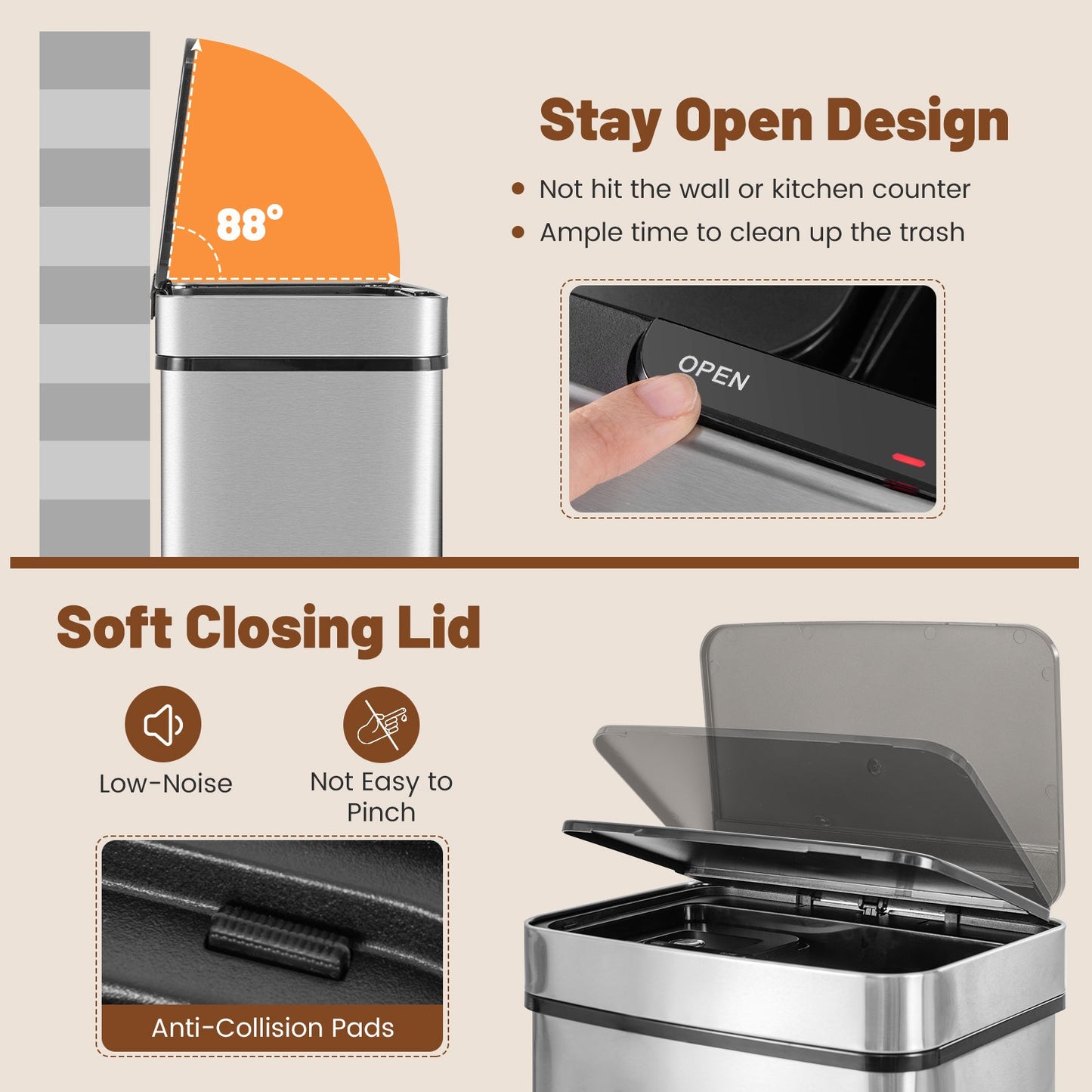 19 Gal Stainless Steel Trash Can with Kitchen Waste Bin and 2 Bottom Recycling Bins-Silver