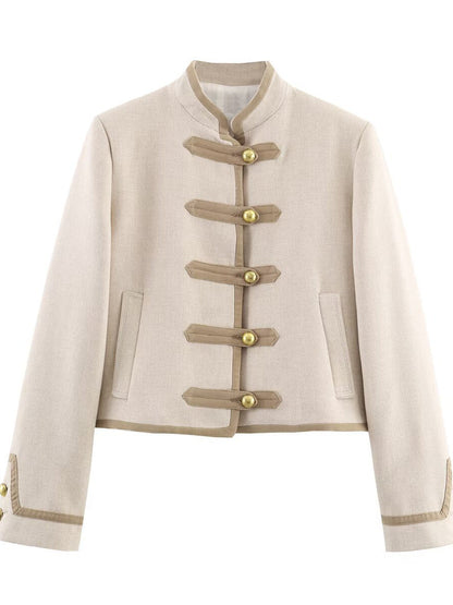Design Padded Shoulder Rope Knot Button Jacket Coat