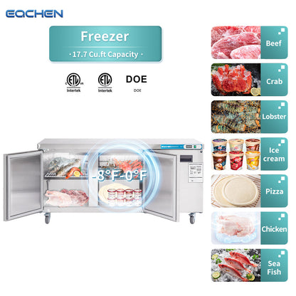 Commercial Undercounter Freezer, EQCHEN 72" Three Door Stainless Steel Lowboy Worktop Freezer 17.7 Cu.ft