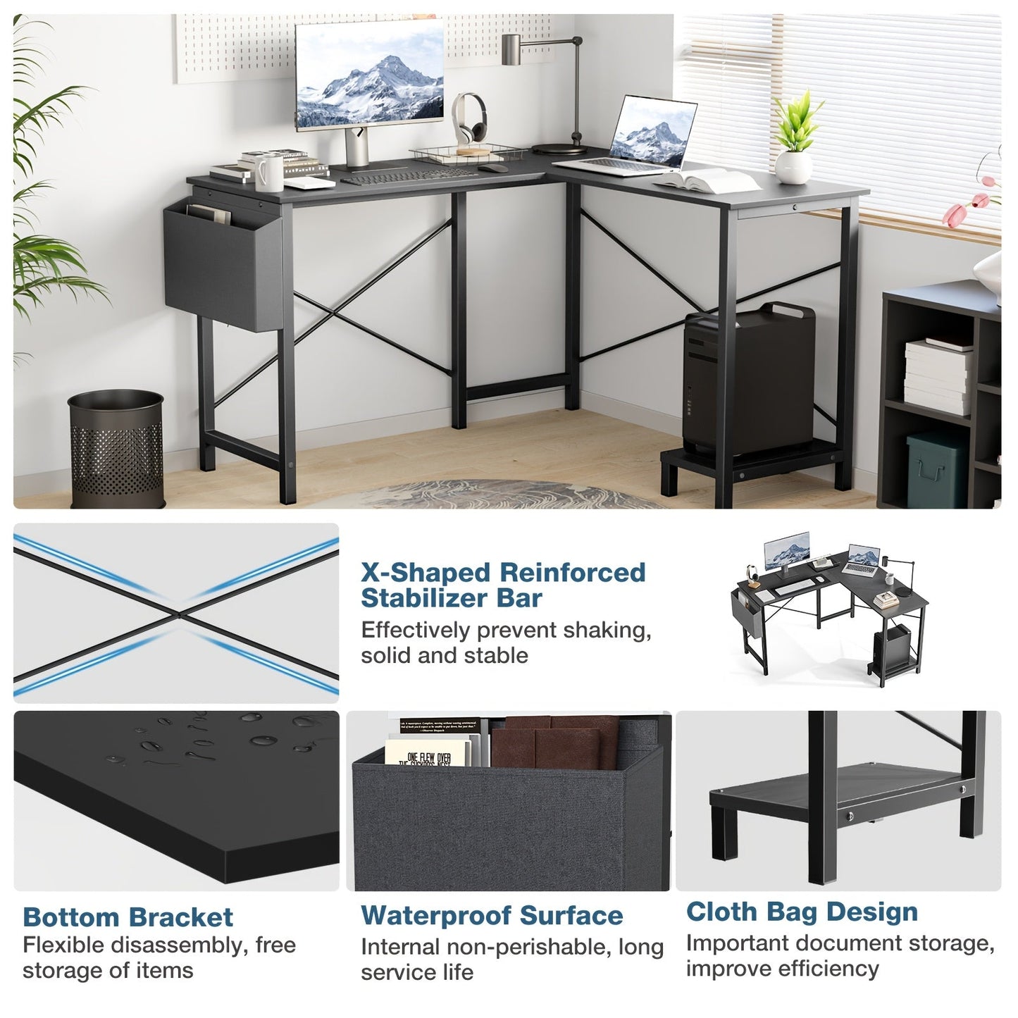 L-Shaped Corner Computer Desk with Storage Pocket | Wooden Home Office / Gaming