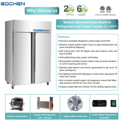 Commercial Reach In Fridge and Freezer Combo, EQCHEN 48" 2 Door Commercial Refrigerator and Freezer Combination