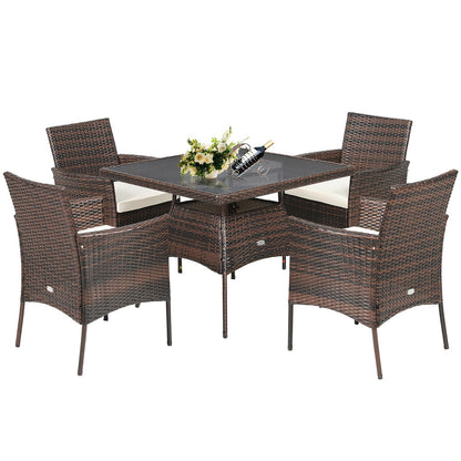 5 Pieces Patio Rattan Dining Furniture Set with Arm Chair and Wooden Table Top