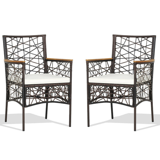 2 Pieces PE Wicker Patio Bistro Dining Chairs with Acacia Wood Armrests and Cushions