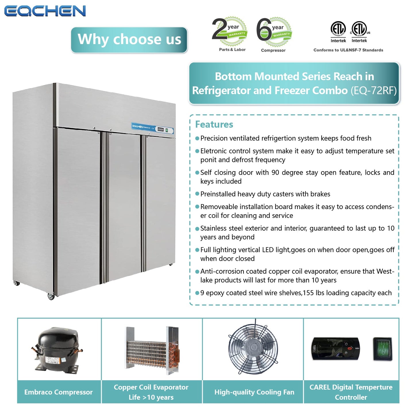 EQCHEN 3 Door 72 Inch Wide Refrigerator Freezer Combo