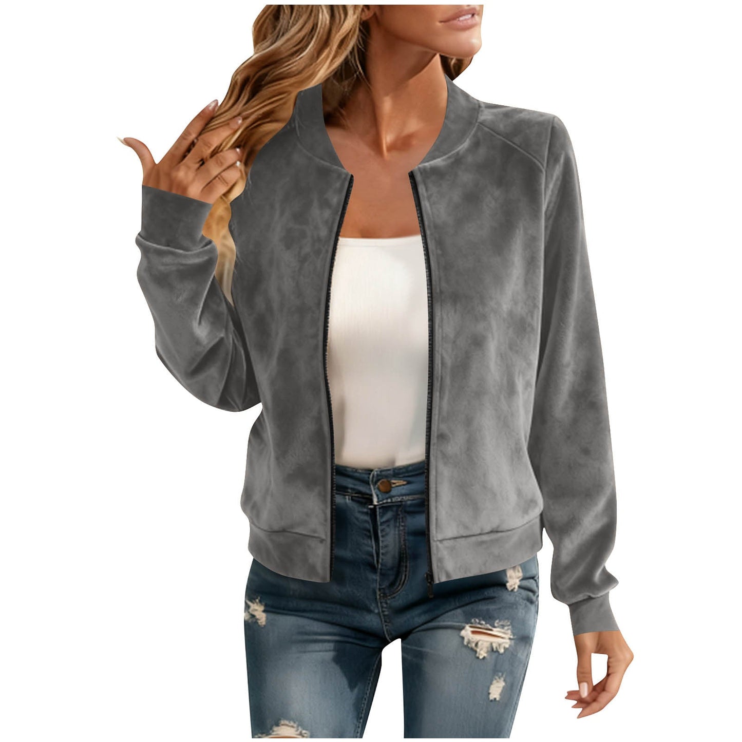 Round-neck Zip-up Deerskin-fleece Short Jacket Flight Suit