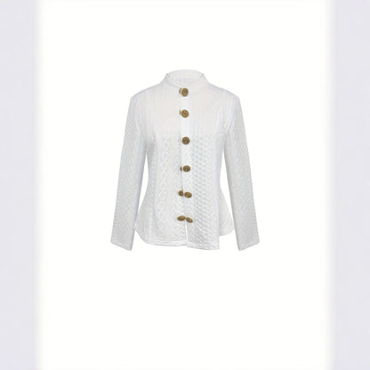 Women's Fashionable Solid Color Textured Fabric Stand Up Collar Jacket
