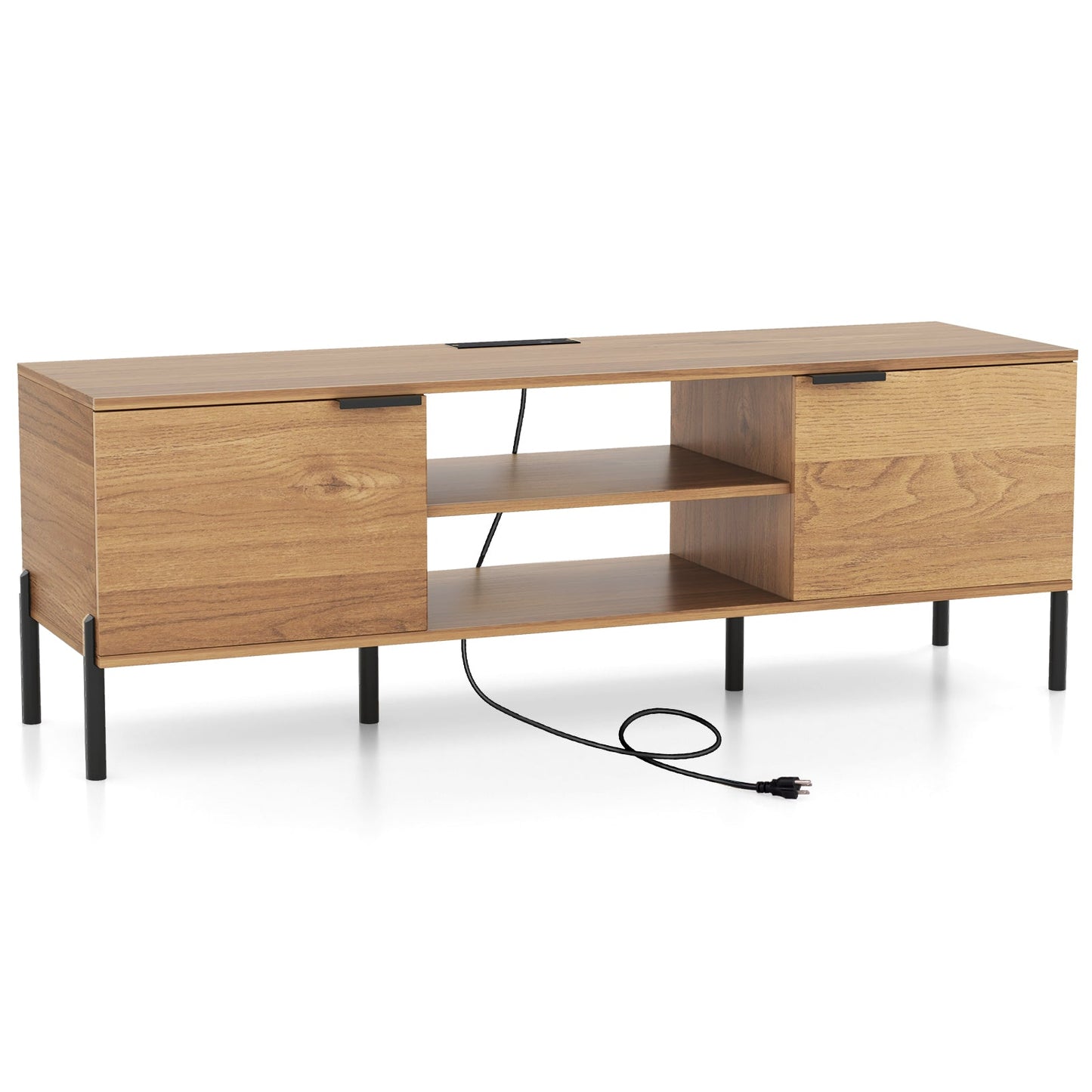 2-Door TV Stand with Charging Station and Open Shelves for TVs up to 65 Inches-Natural