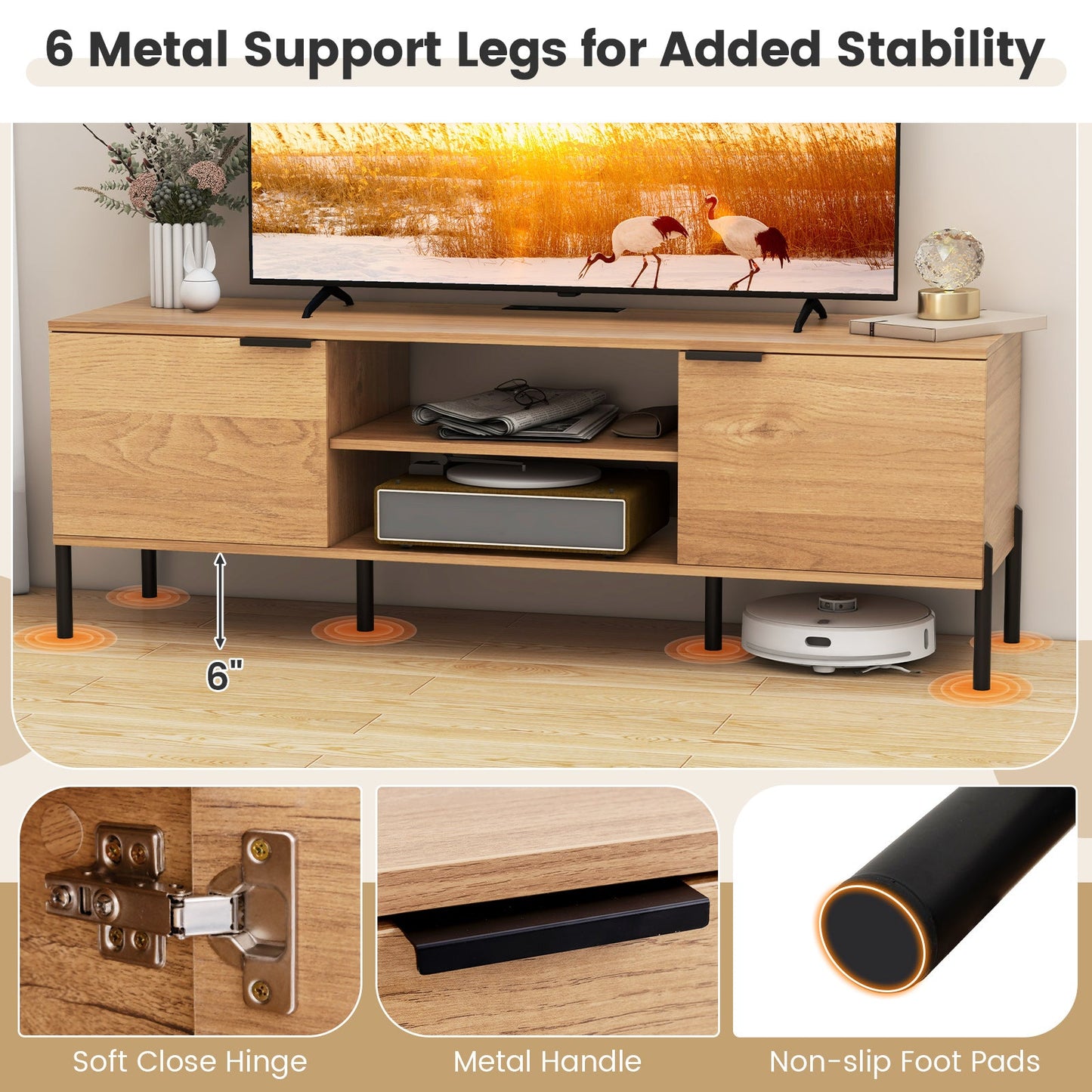 2-Door TV Stand with Charging Station and Open Shelves for TVs up to 65 Inches-Natural