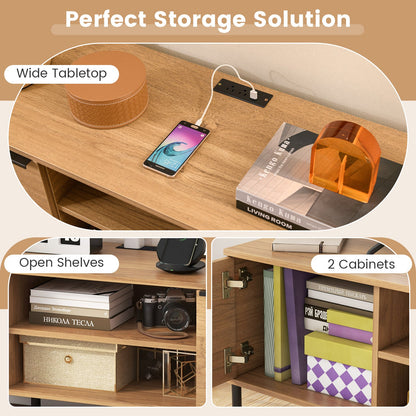 2-Door TV Stand with Charging Station and Open Shelves for TVs up to 65 Inches-Natural