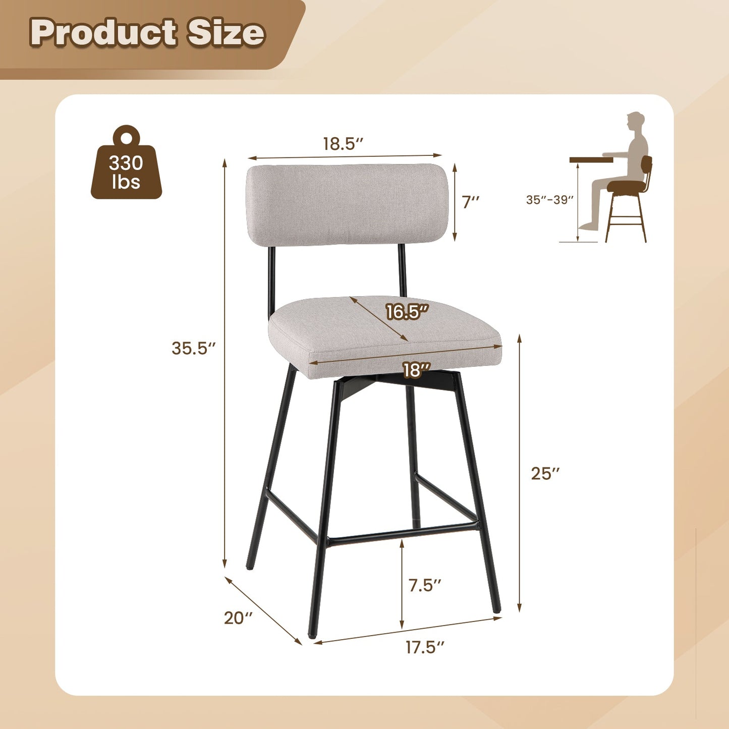 25 Inch 2-Piece Modern Upholstered Bar Stools with Back and Footrests