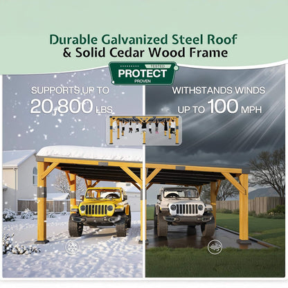 [20X20FT] Alora Heavy-Duty All-Weather Outdoor Cedar Wood Carport With Galvanized Steel Roof (SAK76145)
