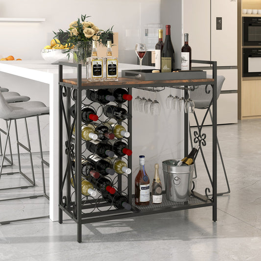 21 Bottle Wine Rack Freestanding Floor Wine Bottle Organizer with Glass Holder