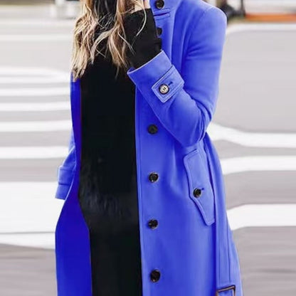 Autumn Winter New Woolen Coat Women's Slim Fit Cardigan Large Coat Women Long Sleeve Single Breasted Stand Collar Woolen Coat