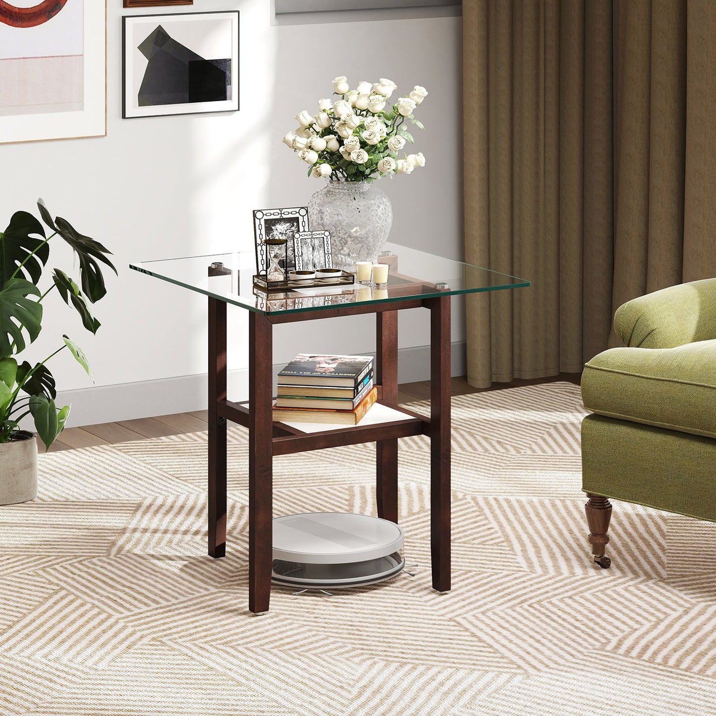 24 Inch 2-Tier Square Glass Coffee Table Center Table with Storage Shelf-Brown