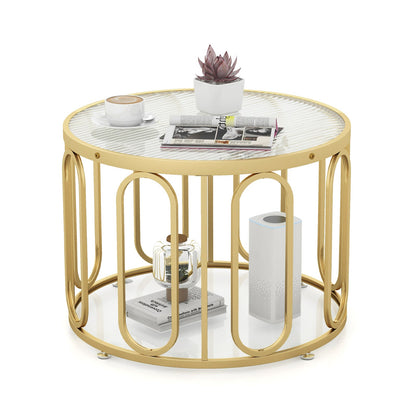24 Inch Round Coffee Table with Reeded Tempered Glass Top and Oval Swivel Brackets