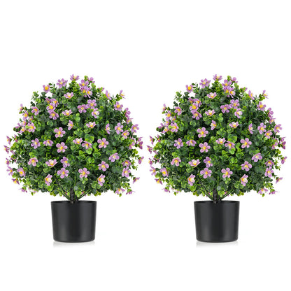2 Pack Artificial Boxwood Topiary Ball Tree Faux Shrub Bushes with Flowers
