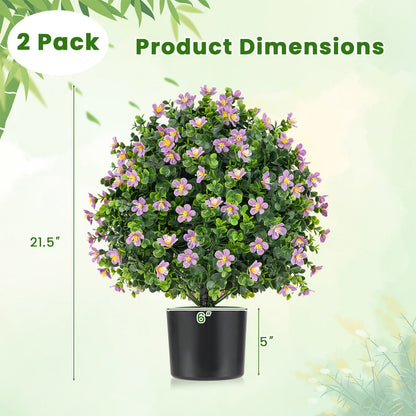 2 Pack Artificial Boxwood Topiary Ball Tree Faux Shrub Bushes with Flowers