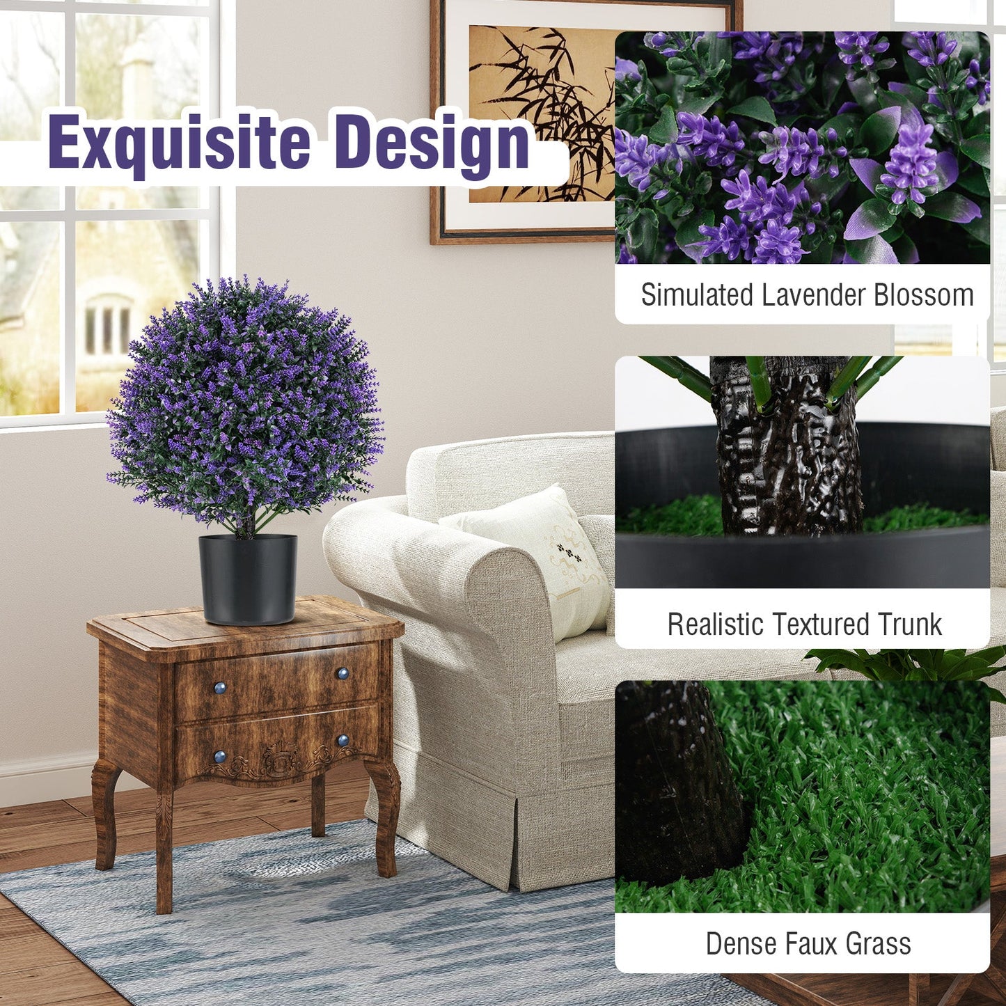 2 Pack Artificial Lavender Topiary Ball Tree Faux Shrub Bushes with Flowers-Purple
