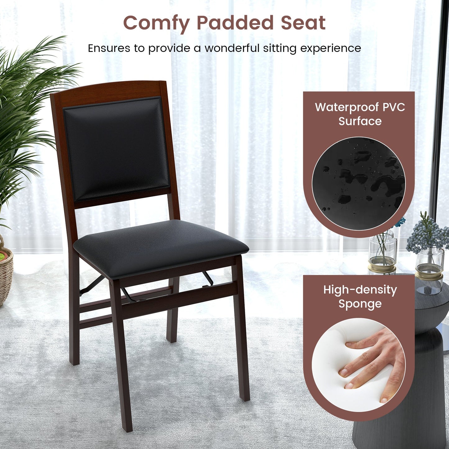 Set of 2 Folding Dining Chairs with Padded Seat and High Backrest-Brown