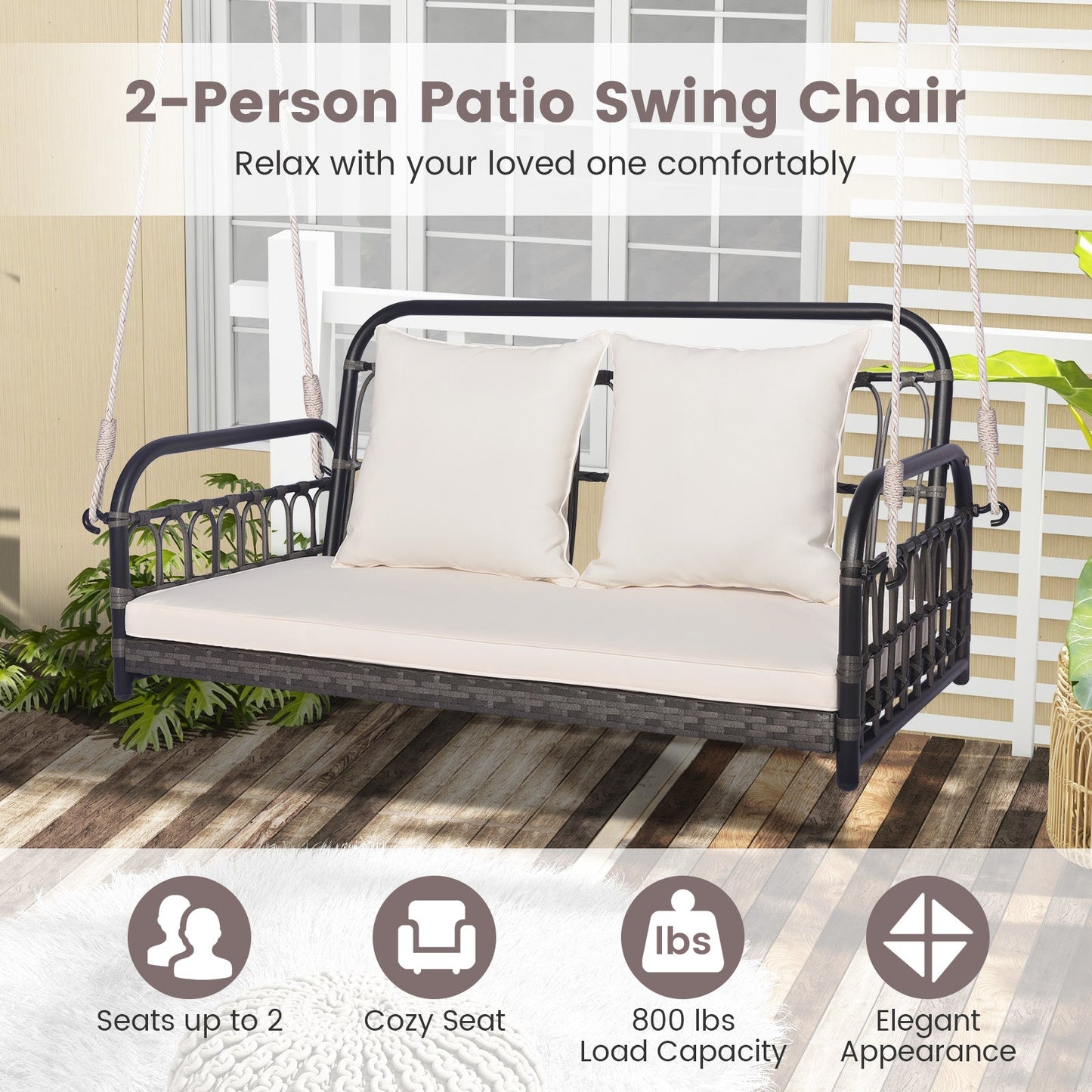 2-Person Outdoor Hanging Chair with Ropes-Gray