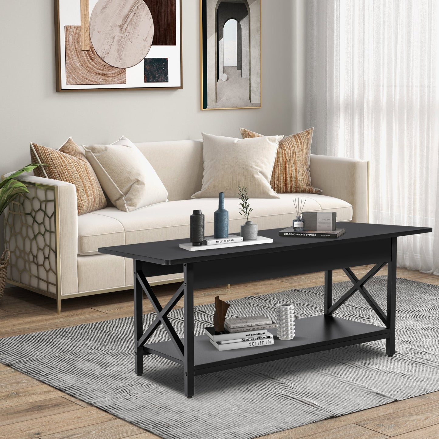 2-Tier Rectangle Coffee Table with Storage Shelf and X-shaped Metal Frame-Black