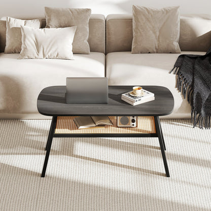 2-Tier Rectangular Center Coffee Table with Rattan Storage Shelf and Rubber Wood Legs-Dark Gray