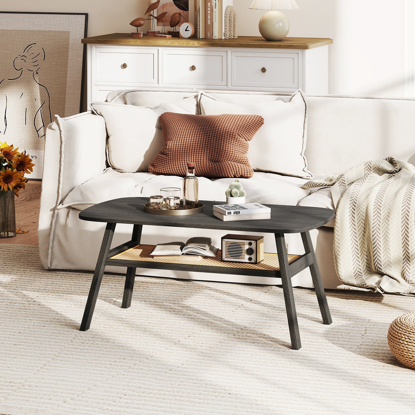 2-Tier Rectangular Center Coffee Table with Rattan Storage Shelf and Rubber Wood Legs-Dark Gray