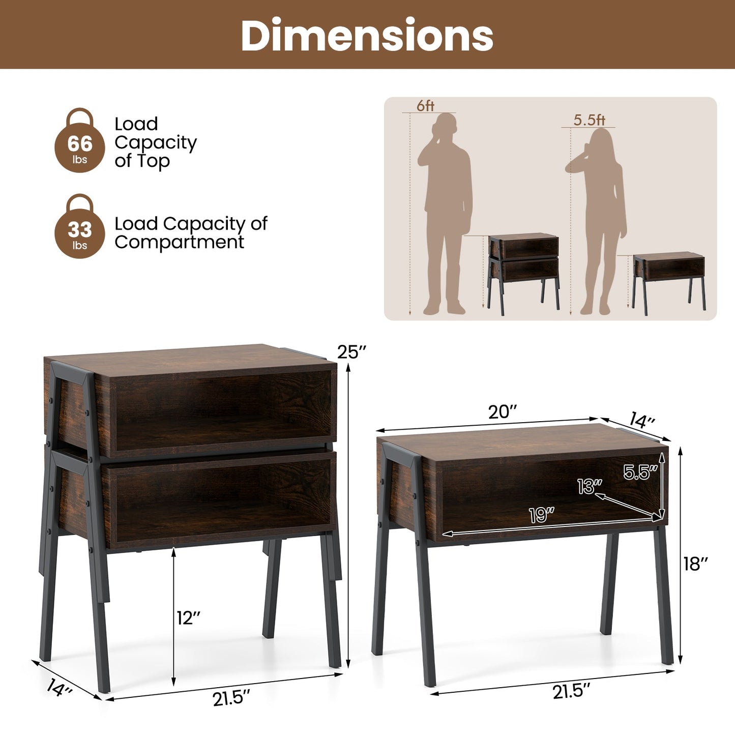 2 Pieces Stackable Night Stand Bedside End Table Set