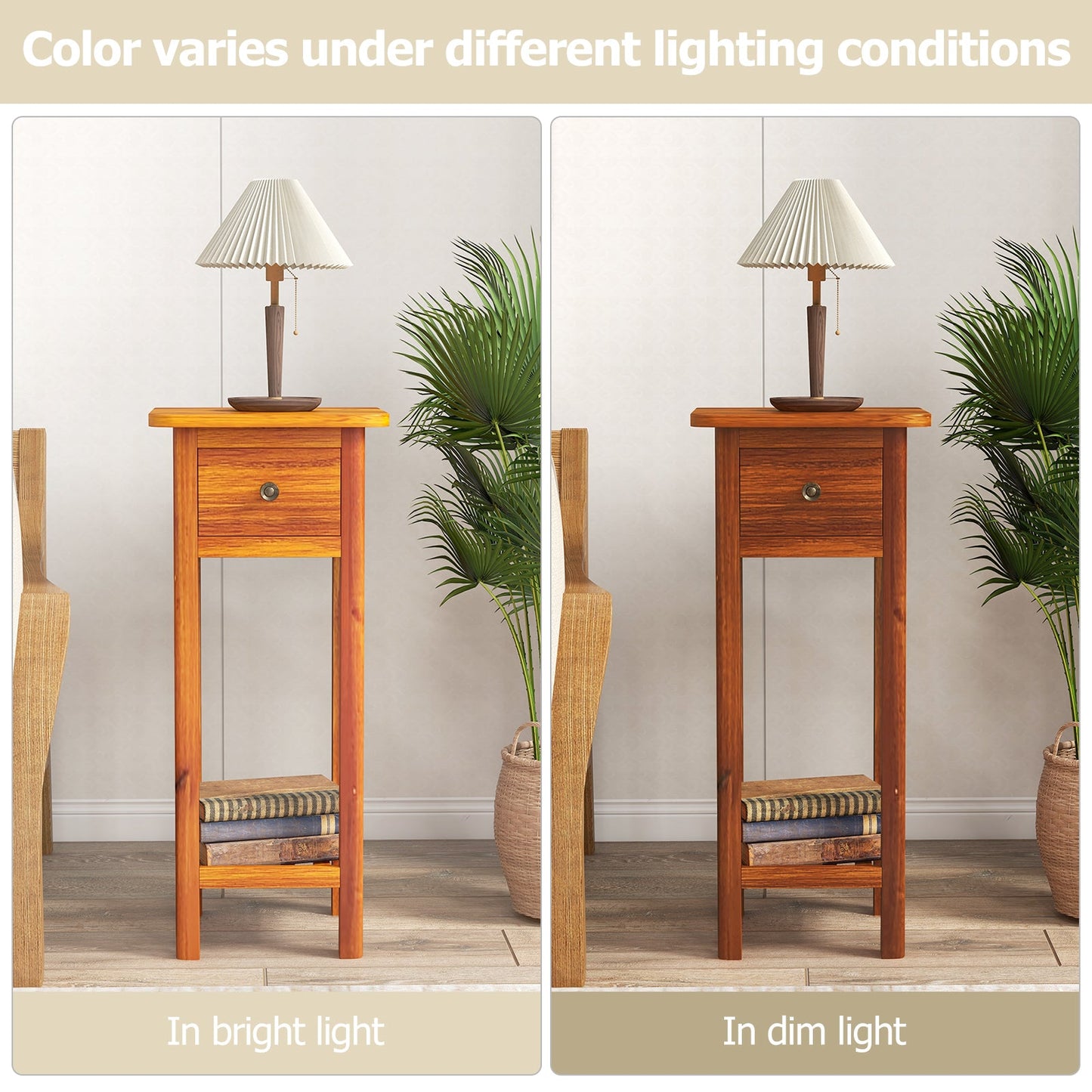 2 Tier Slim Nightstand Bedside Table with Drawer Shelf