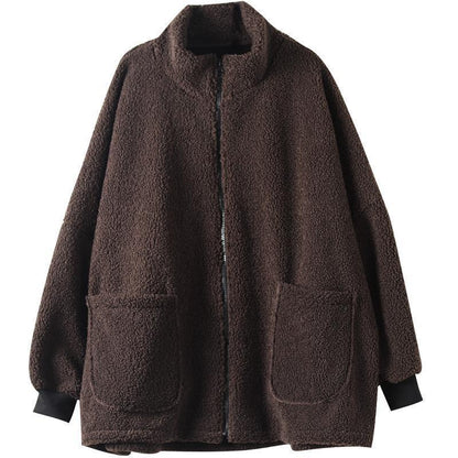 Plus-size Loose-fitting Long-sleeve Womens Casual Lambswool Coat