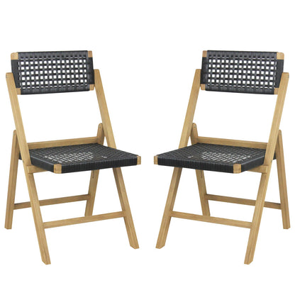 Set of 2 Folding Chairs Indonesia Teak Wood Dining Chairs with Woven Rope Seat and Back