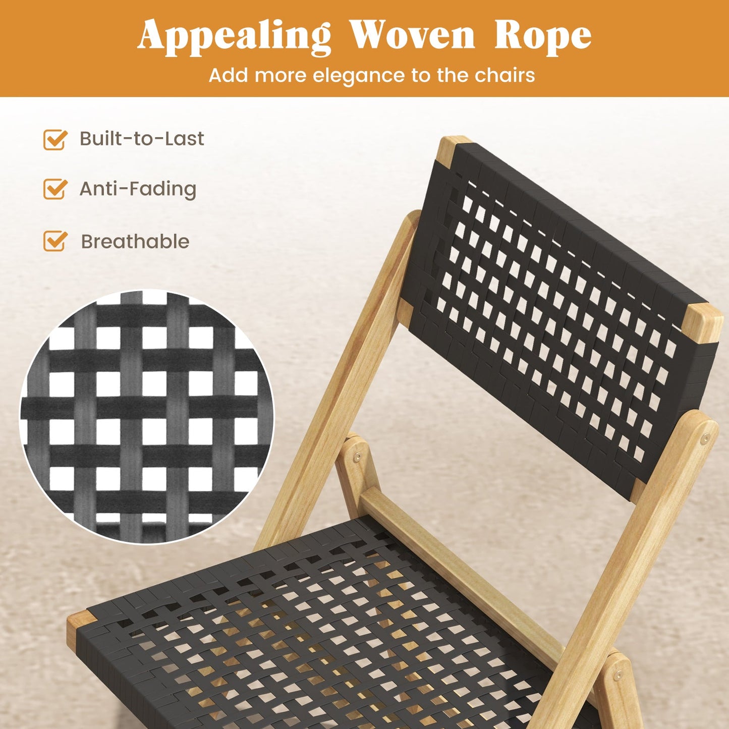 Set of 2 Folding Chairs Indonesia Teak Wood Dining Chairs with Woven Rope Seat and Back