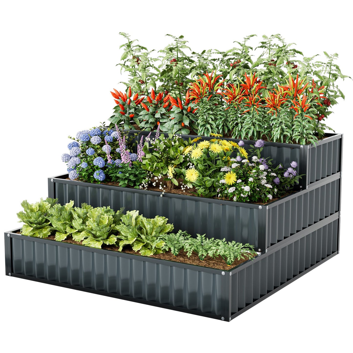 Heavy-Duty Metal Outdoor 3-Tier Raised Garden Bed Planter Box