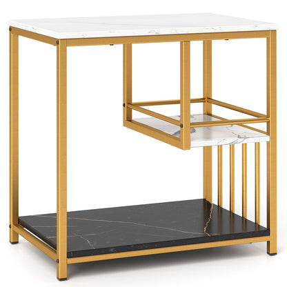3-Tier Multi-function Marble End Table with Storage Shelf-Golden