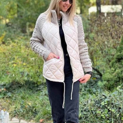 Winter Stand Collar Cotton Jacket With Pockets Fashion Knitted Stitching Zipper Coat Warm Tops For Women Clothing
