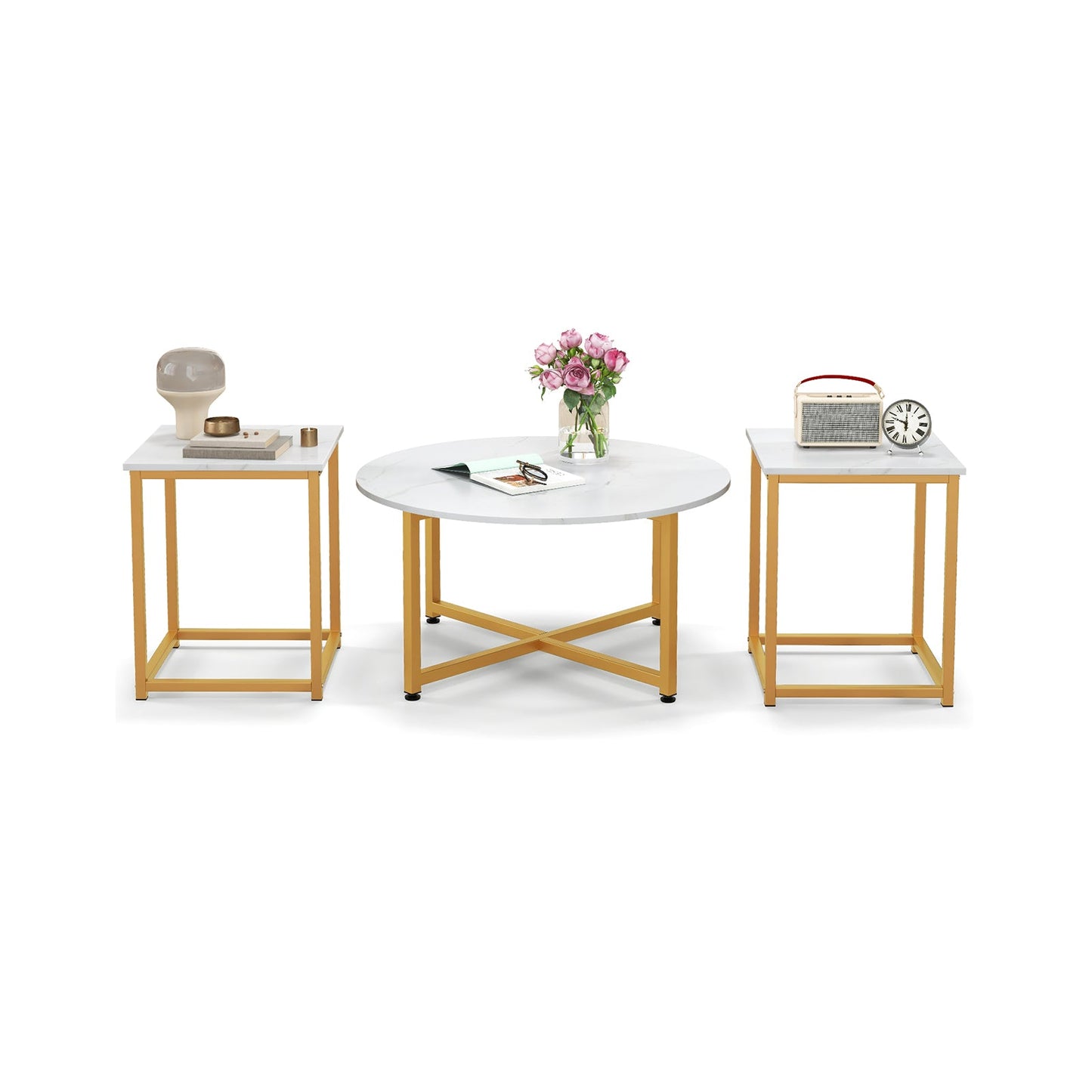 3-Piece Coffee Table Set Round Coffee Table and 2PCS Square End Tables