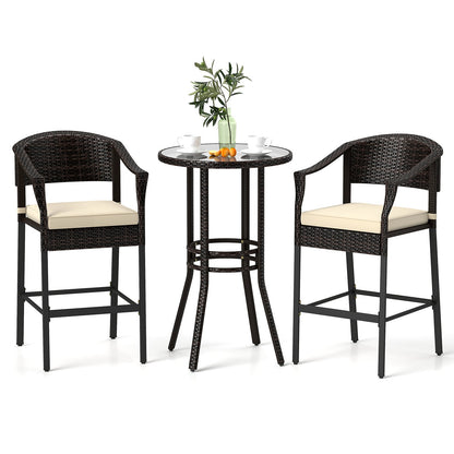 3-Piece Patio Rattan Bar Set with Tempered Glass Top for Backyard Poolside
