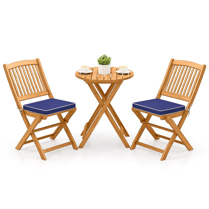3 Pieces Acacia Wood Patio Folding Bistro Set with Soft Cushions