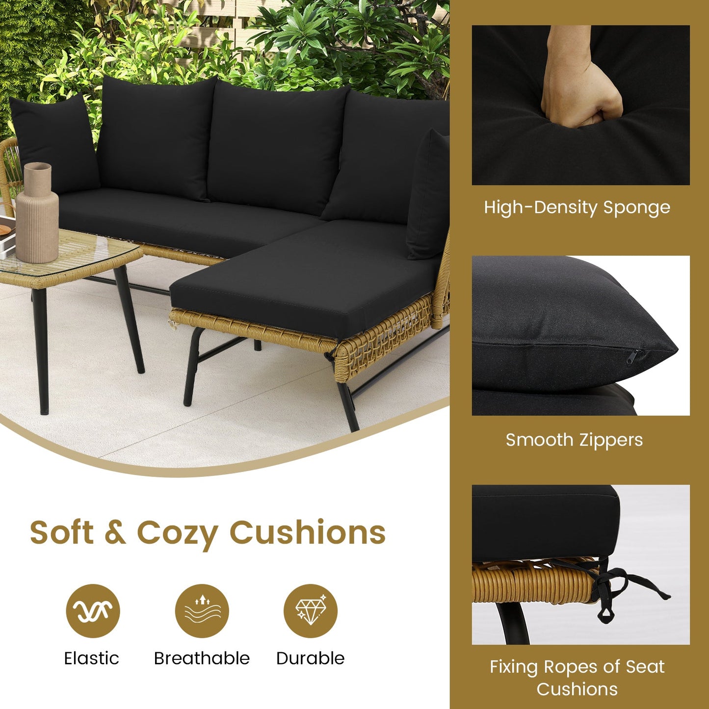 3 Pieces L-Shaped Patio Sofa with Cushions and Tempered Glass Table
