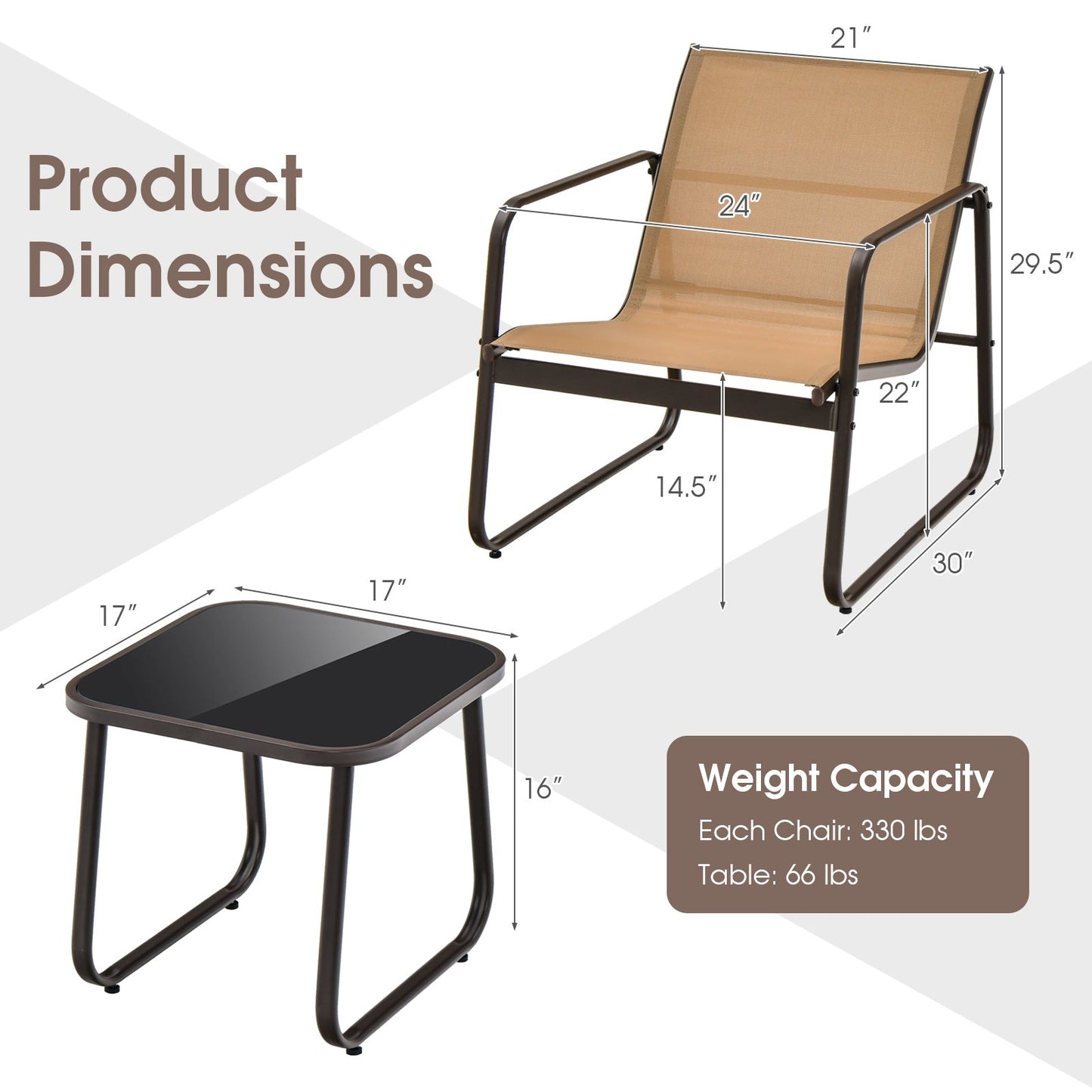 3 Pieces Patio Conversation Set with Breathable Fabric and Tabletop-Brown