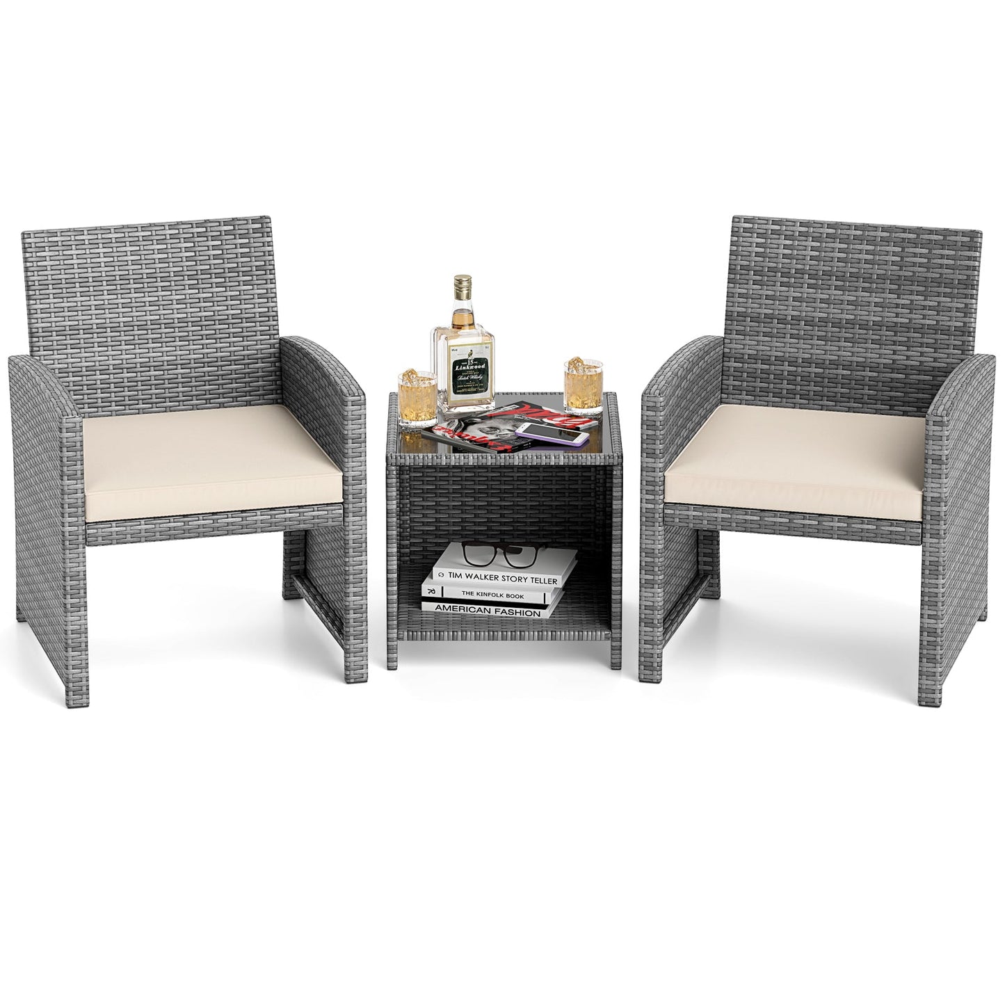 3 Pieces Patio Furniture Set with Tempered Glass Coffee Table and Soft Seat Cushions