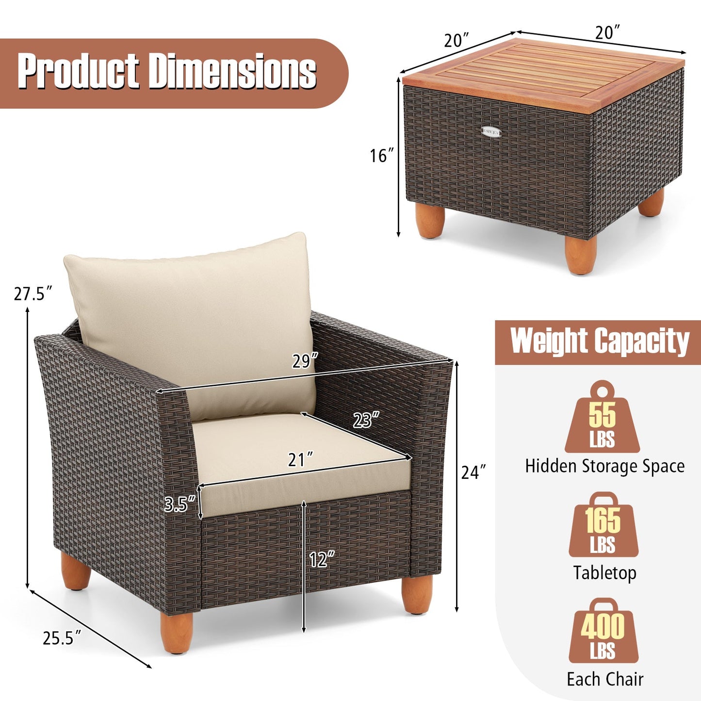 3 Pieces Patio Rattan Bistro Furniture Set with Wooden Table Top