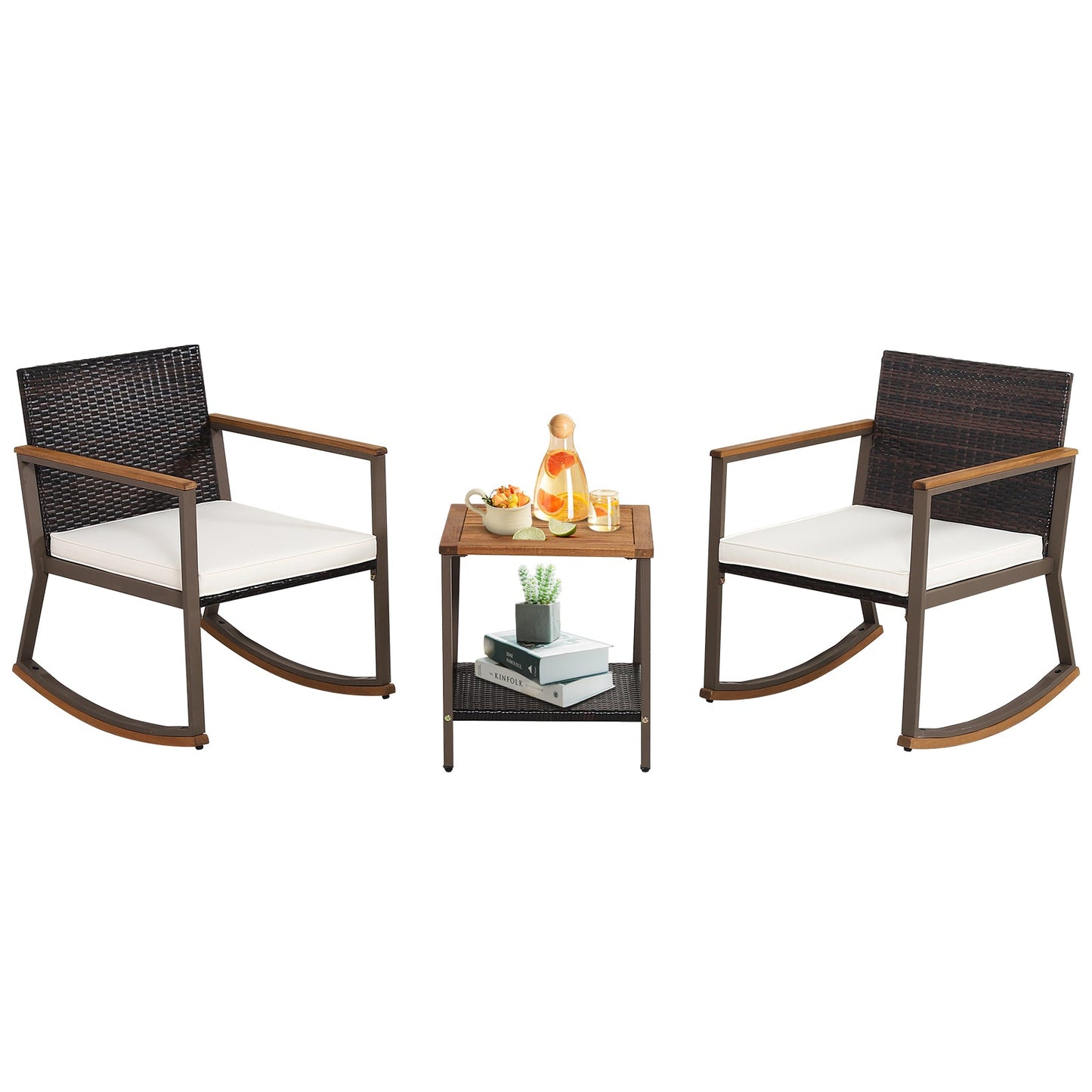 3 Pieces Rattan Rocking Bistro Set with Coffee Table and Cushions