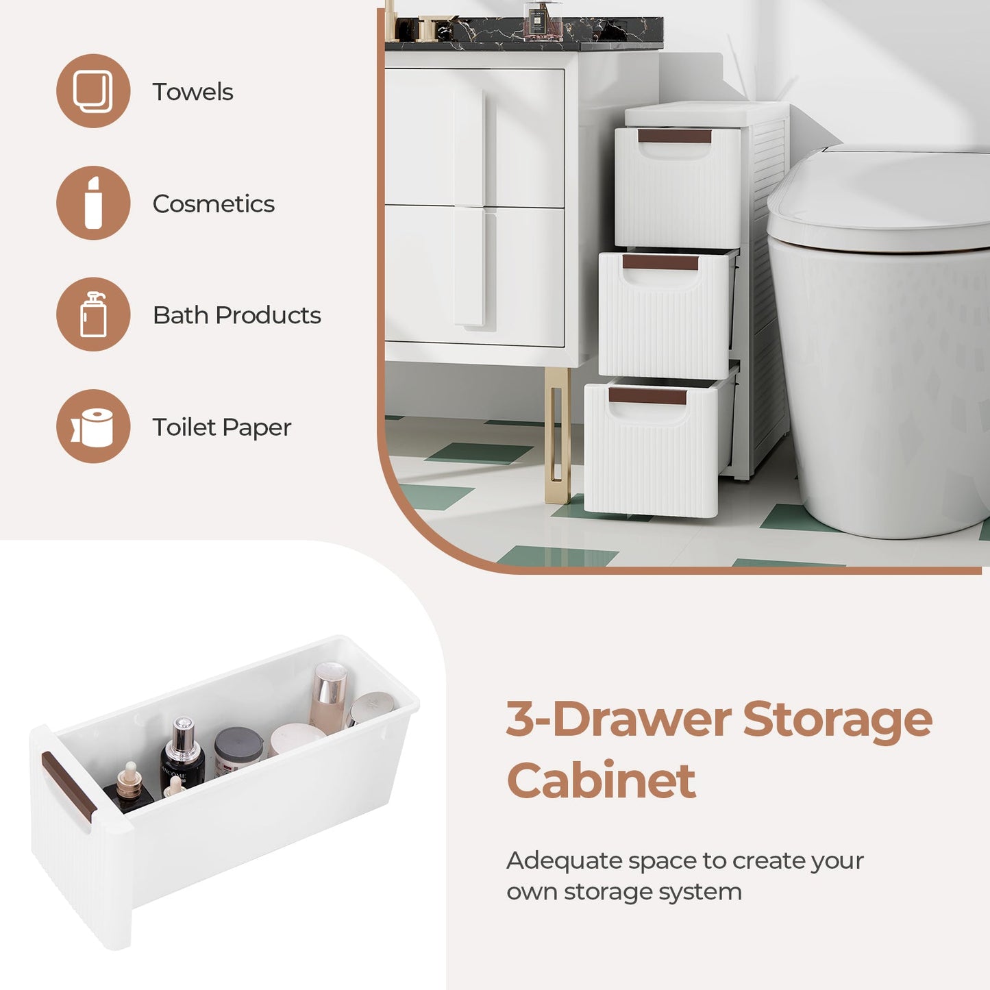 3/4/5/6-Drawer Rolling Organizer Unit Narrow Storage Cabinet with Built-In Wheels for Small Space-3-Drawer