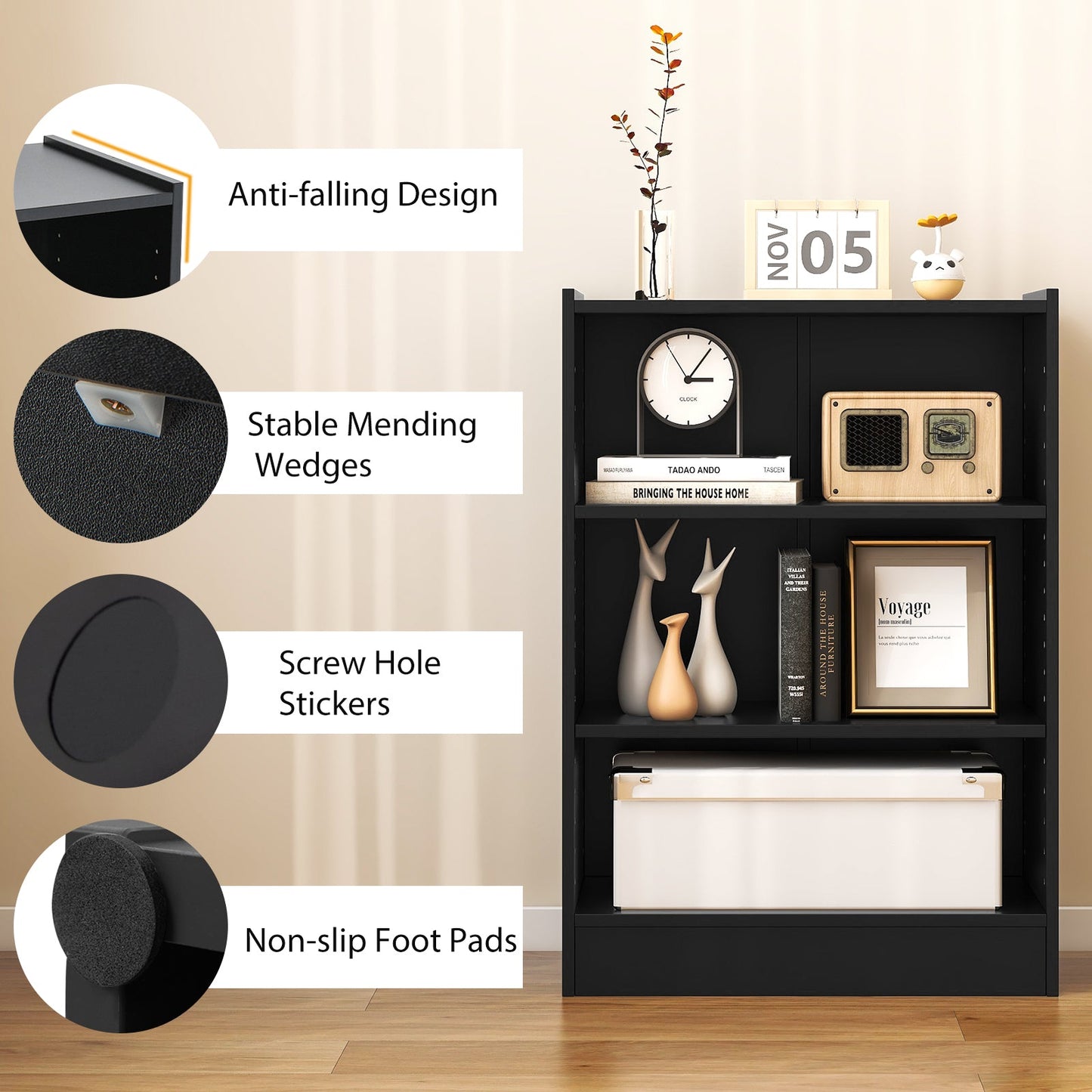 3-Tier Bookcase Open Display Rack Cabinet with Adjustable Shelves
