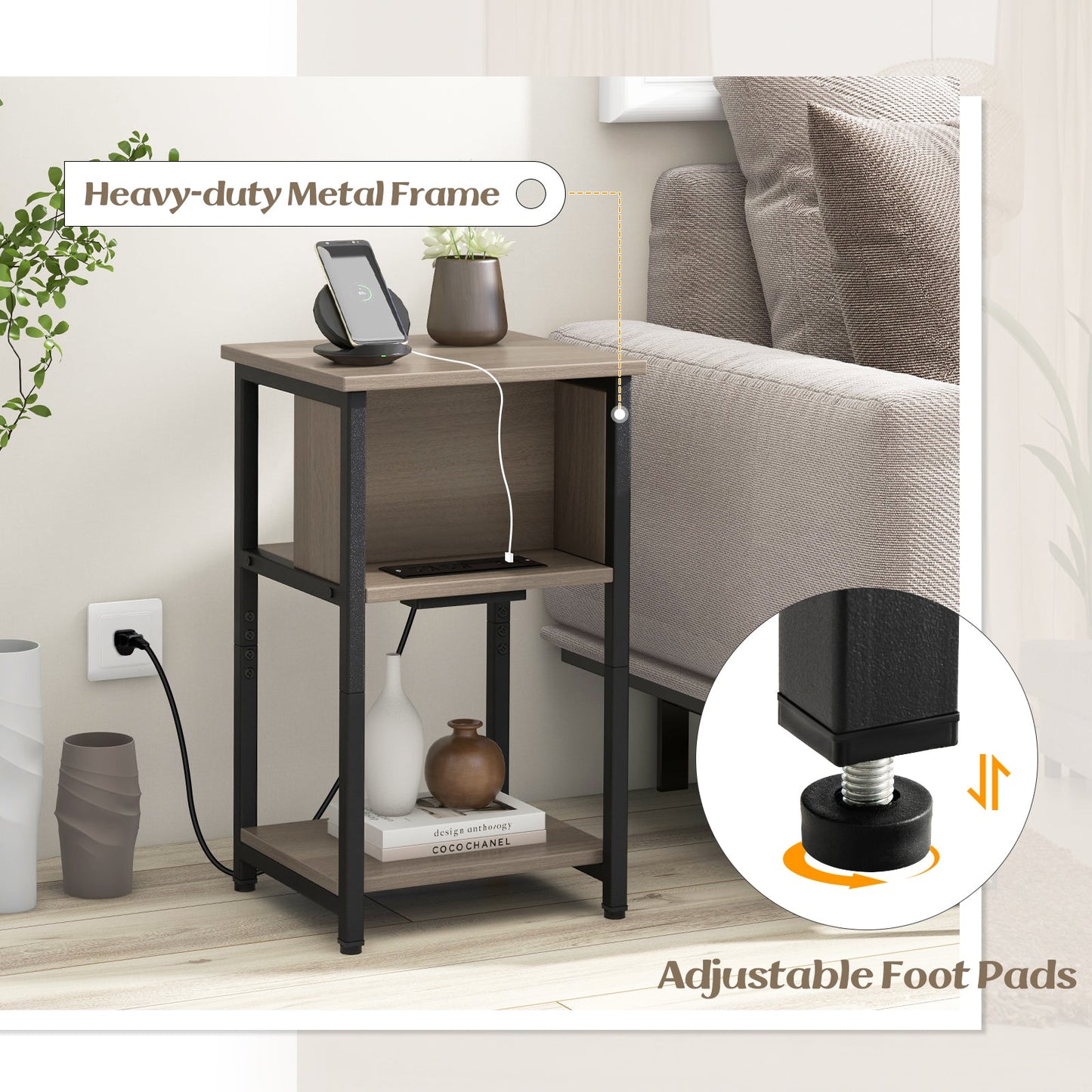 3-Tier End Table with USB Ports & Power Outlets