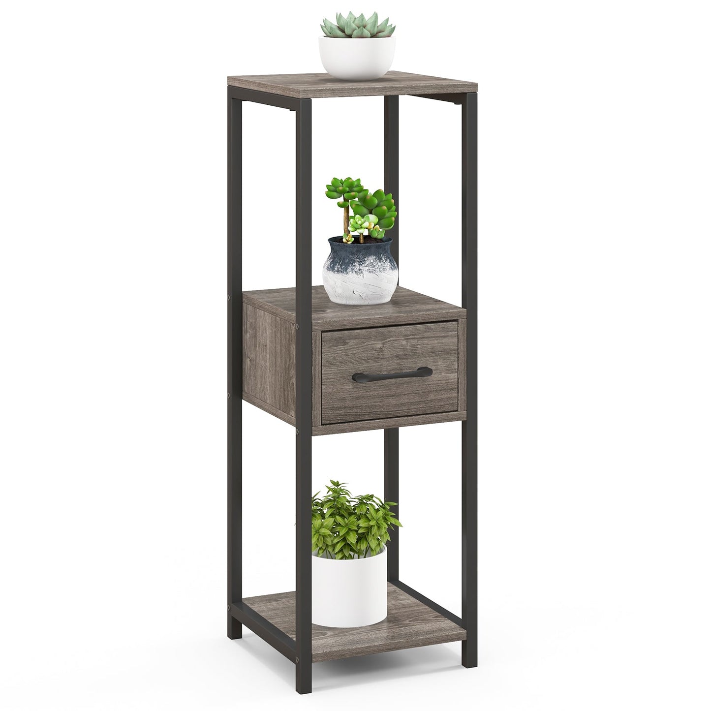 3 Tier Tall Metal Plant Stand with Drawer for Balcony Office-Gray